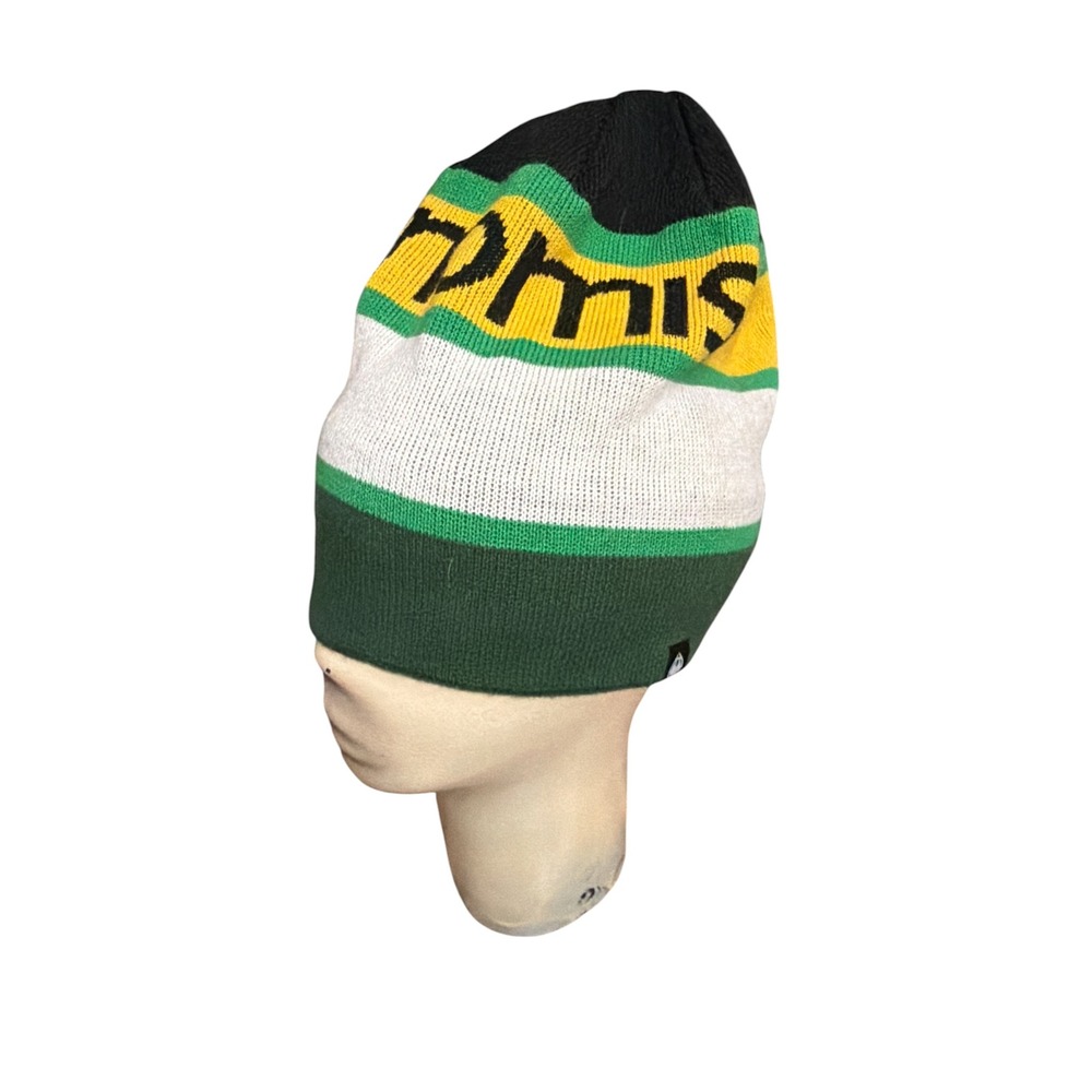 Nomis Beanie Hat Mens Green‎ White Yellow Striped Knit Skateboard Snowboard Logo